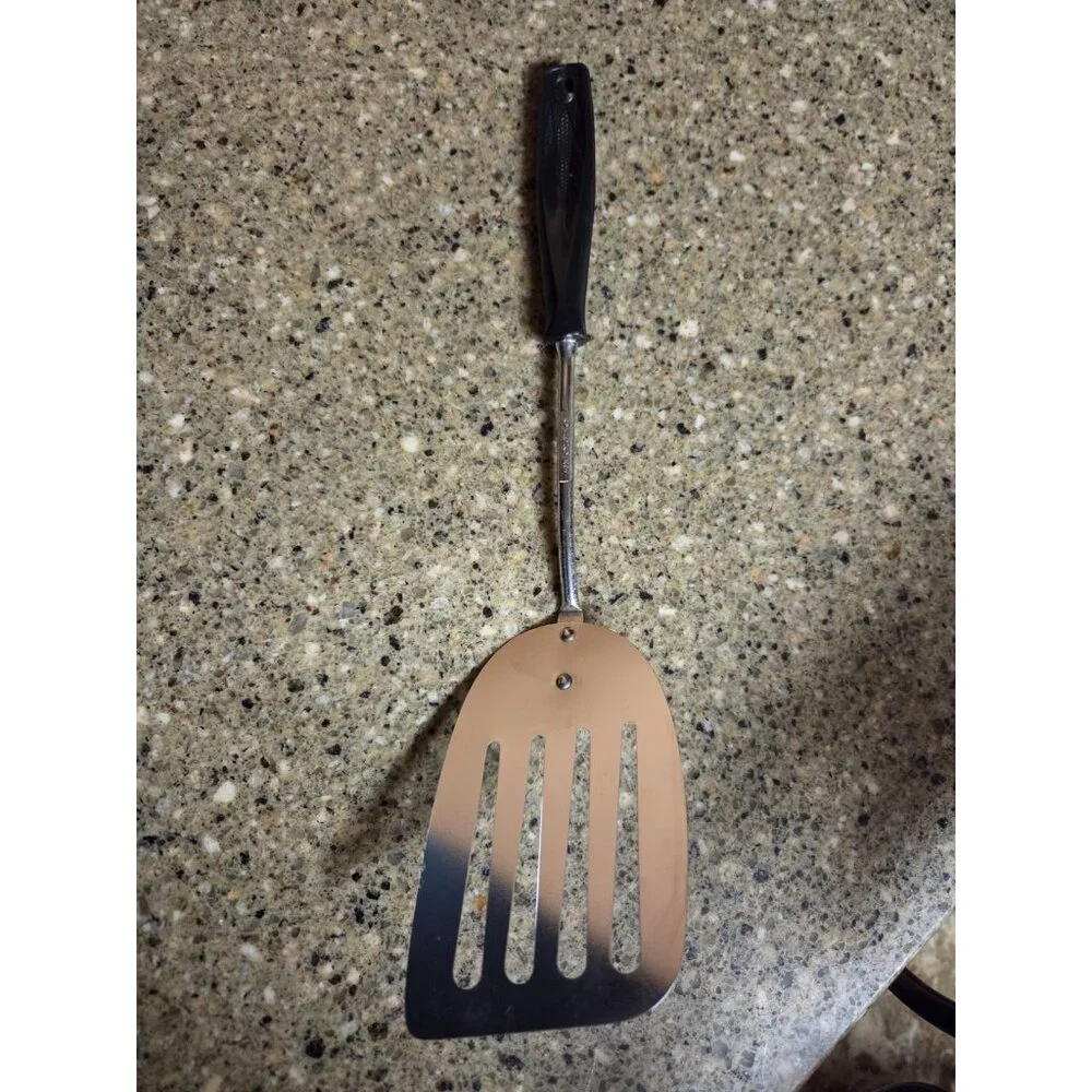 New Vintage 6 piece Chromium Plated Kitchen‎ Utensil set black handle w/holder